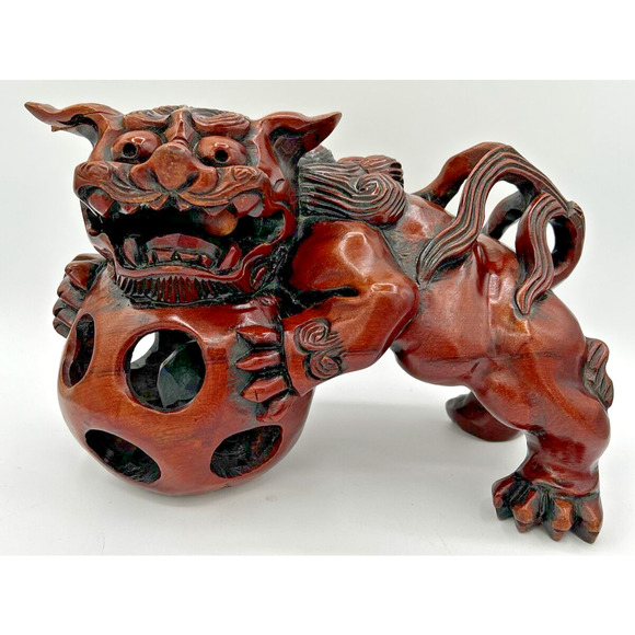 Vintage Lg Hand Carved Chinese Wood Foo Dog with Floating Ball Mouth Orb U191 1
